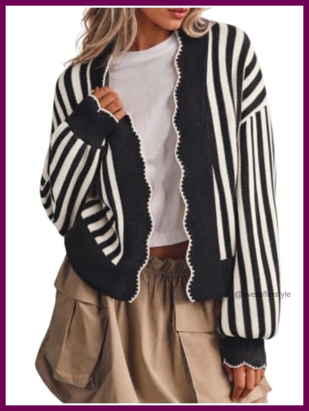 Striped Open Front Cardigan Ruffle Long Sleeve Knit Sweater Scalloped